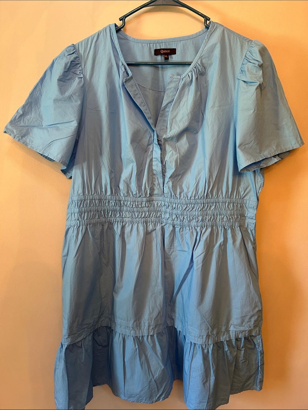 Quince 100% Organic Cotton Poplin Tiered Mini Dress, Women’s Size XL, Blue
